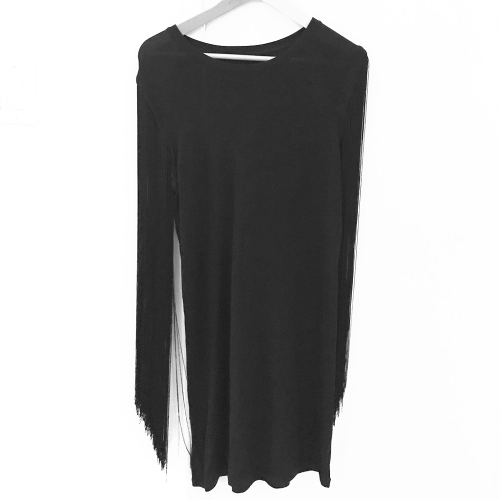 Black Ann Demeulemeester fringe jersey dress sz M